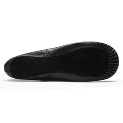 Unteransicht eines schwarzen Rumpf 1003 Ballettschläppchens mit strukturierter Sohle und elastischen Rändern, ideal für Anfänger.