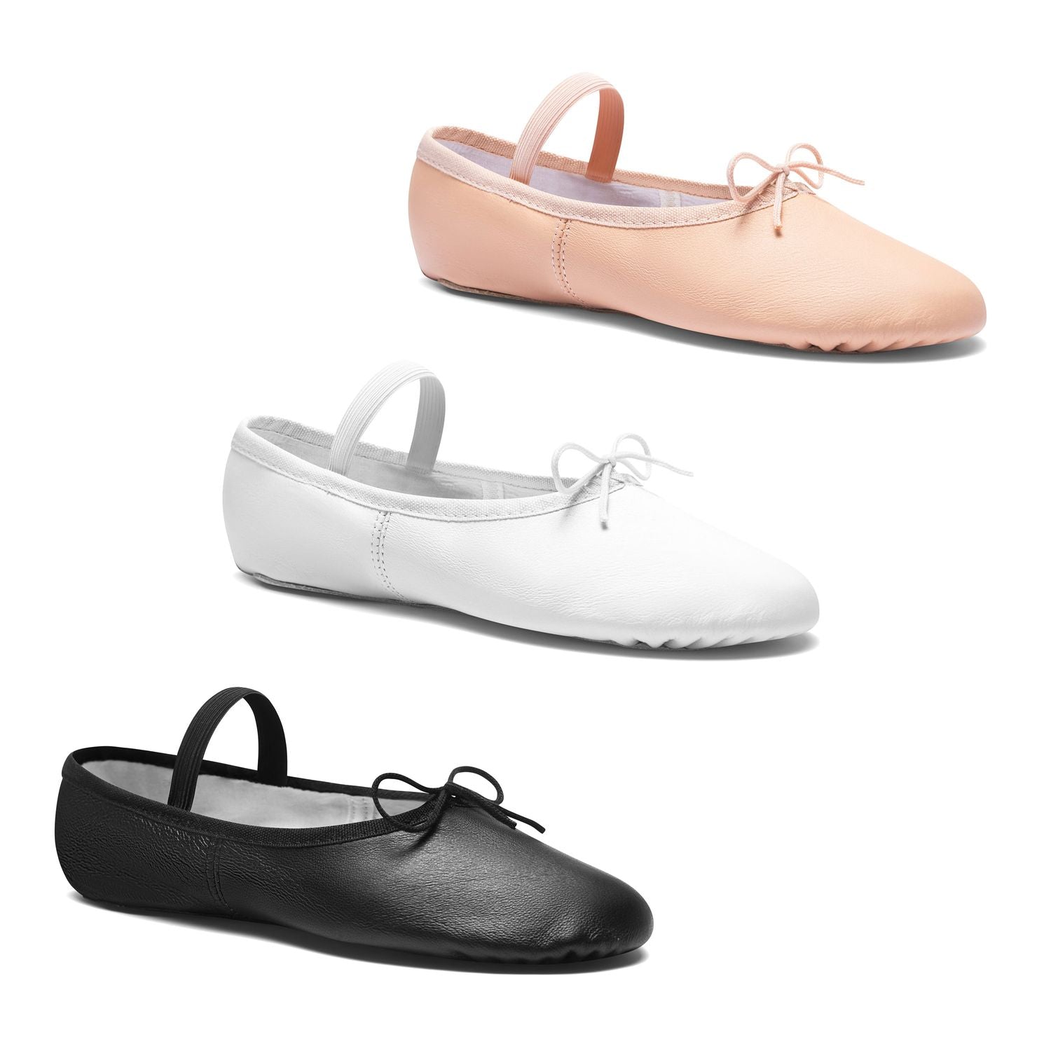 Rumpfs pfirsichfarbene, weiße und schwarze Ballettschläppchen haben elastische Träger und Schleifen für zusätzliche Flexibilität.