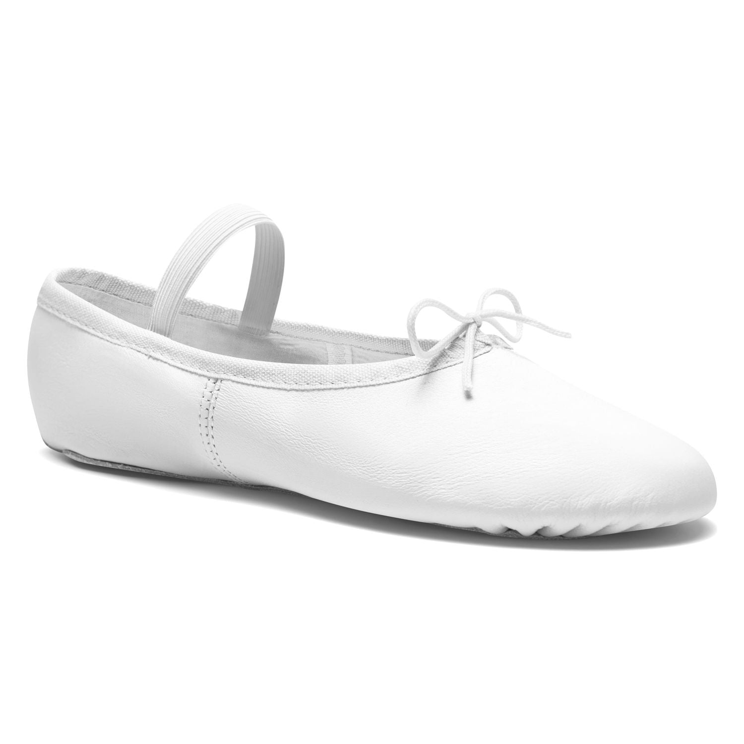 Rumpf's 1003 weißes Leder-Ballettschläppchen mit elastischem Riemen und Schleife, ideal für Anfänger und Kinder.