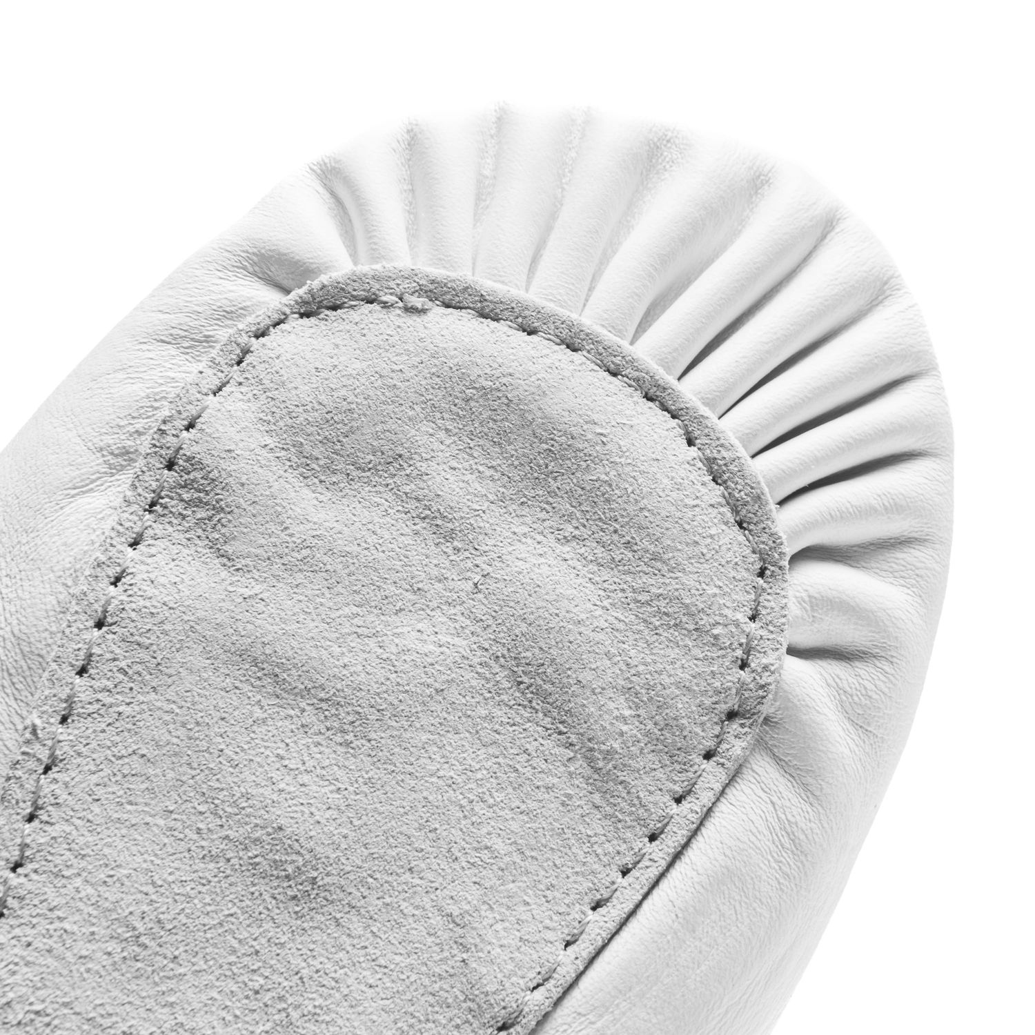 Nahaufnahme des Rumpf 1003 Ballettschläppchen Leder in Weiss mit Steppdetails und gerafftem Stoffrand.