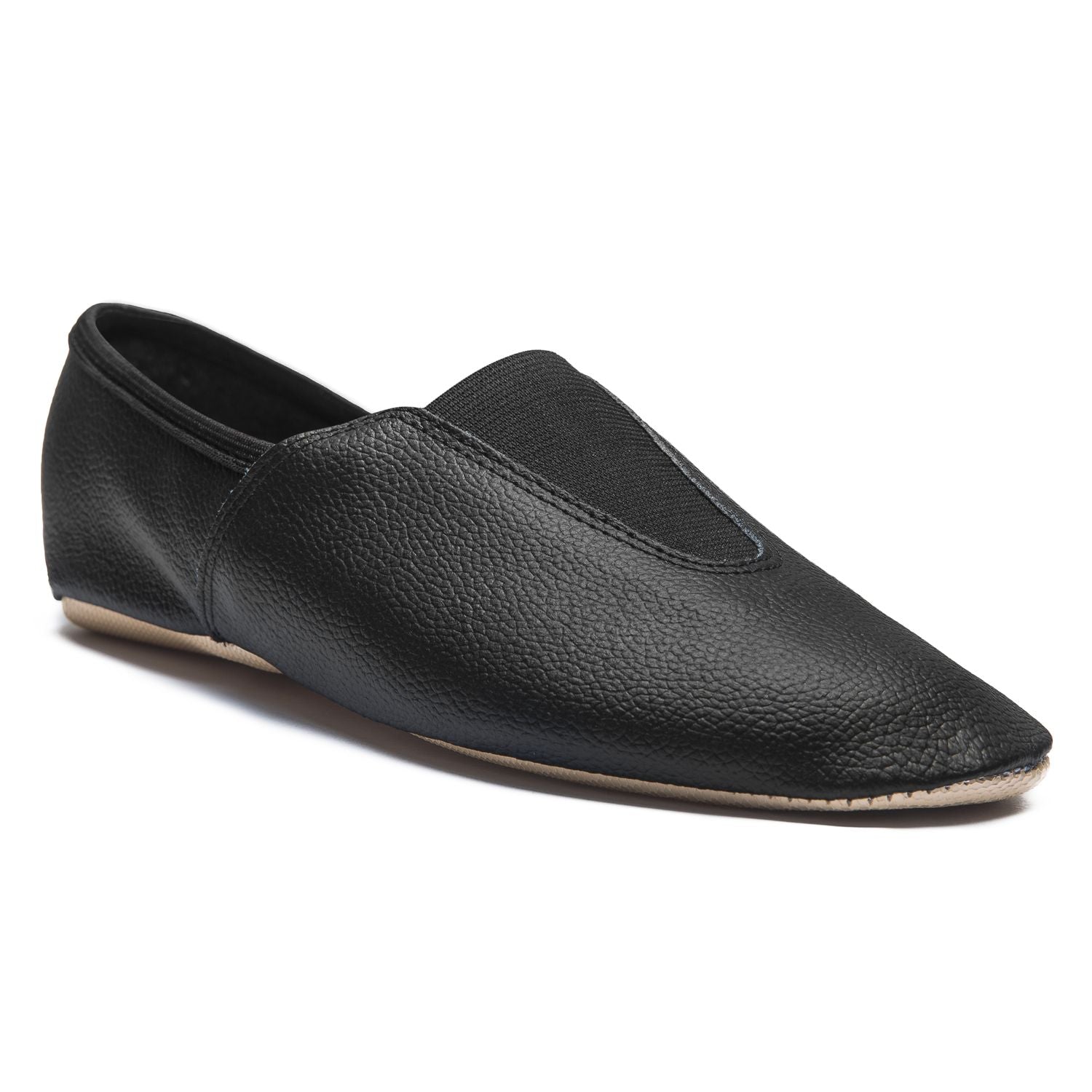 Rumpf 1037 Gymnastikschuhe: schwarzer Leder-Slipper, glatte Oberfläche, spitze Spitze, hervorragender Tragekomfort.