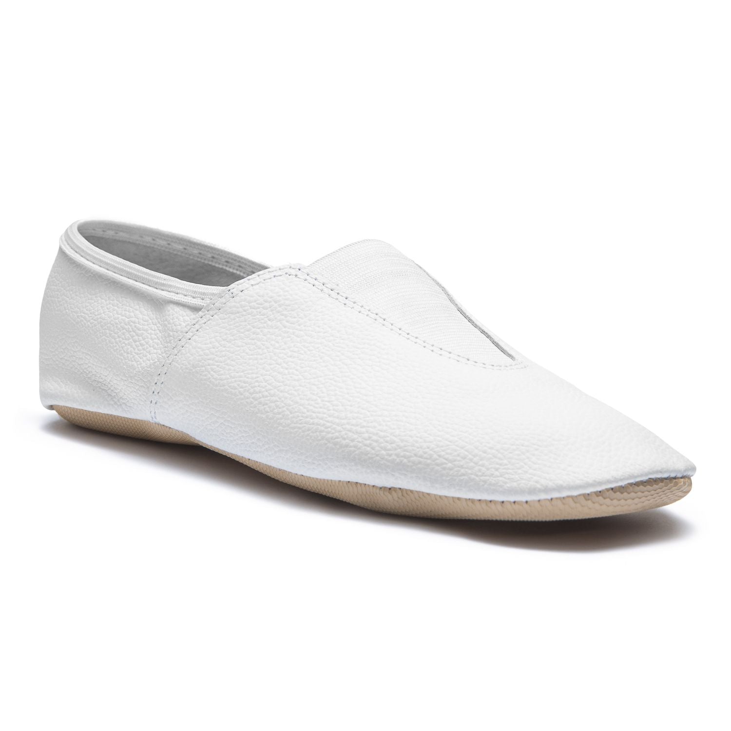 Rumpf 1037 Gymnastikschuhe in Weiss mit Gummisohle zum Hineinschlüpfen aus der Perspektive betrachtet.