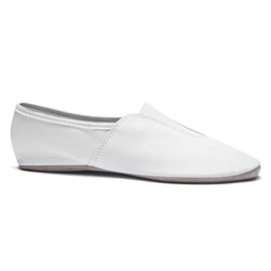 Profilansicht von Rumpfs 1038 weißen Slip-On-Gymnastikschuhen mit flacher Chromledersohle für hervorragenden Tragekomfort.