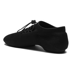Rumpf 1581 Jazz Sneaker in Schwarz: schwarzer Schnürstrick, niedriger Absatz, atmungsaktives Flyknit-Material, Rückansicht.