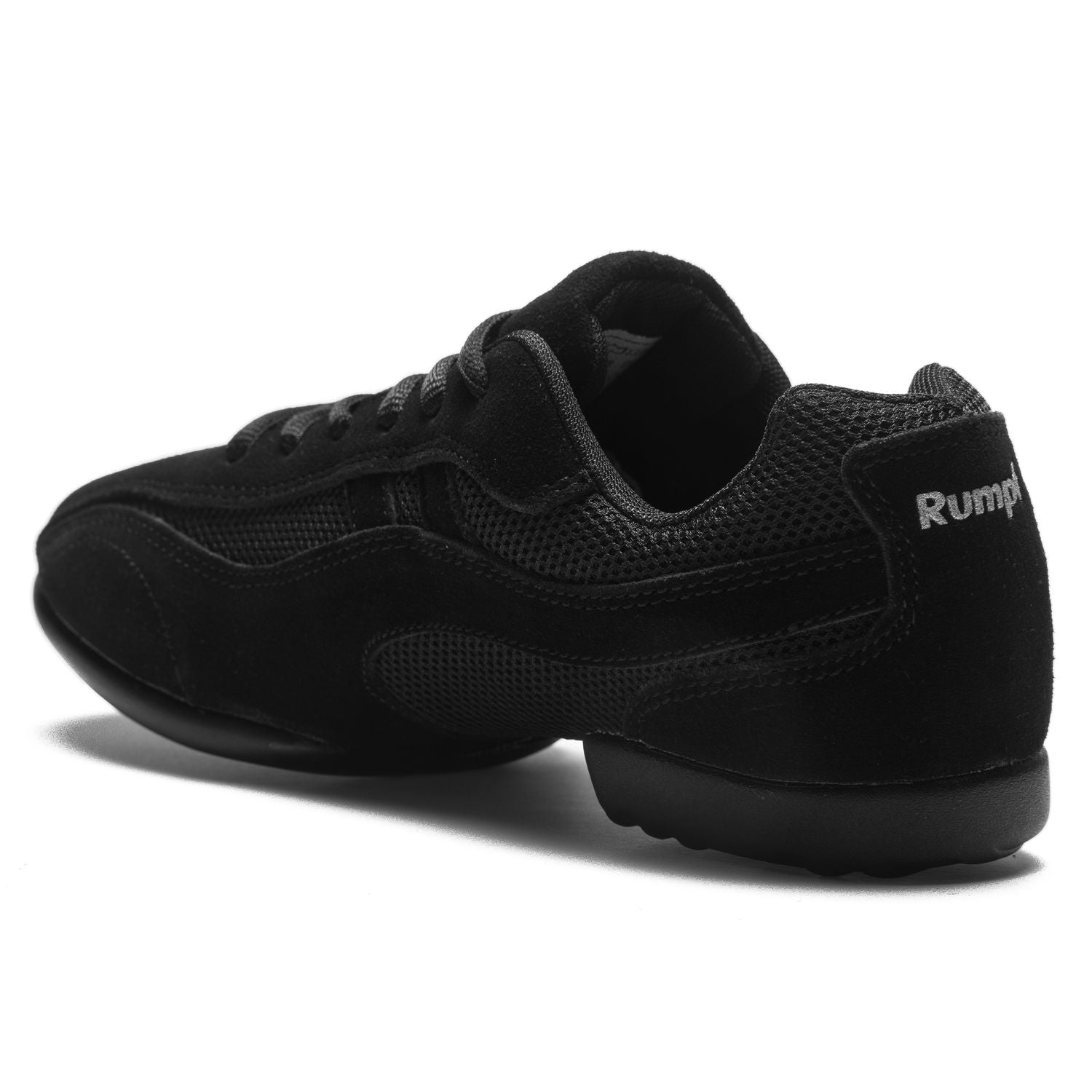 Rumpfs 1592 Jive Sneaker in Schwarz: Mesh/Wildleder, Chromleder-Einsatz-Akzente und geteilte Sohle; Seiten-/Rückansicht.
