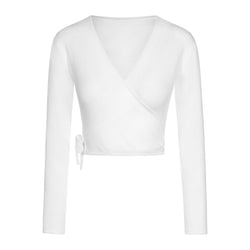 Rumpf M6544 Intermezzo Wickeljacke Jecru, ein weißes langärmliges Wickeloberteil mit seitlicher Schleife auf schlichtem Hintergrund.