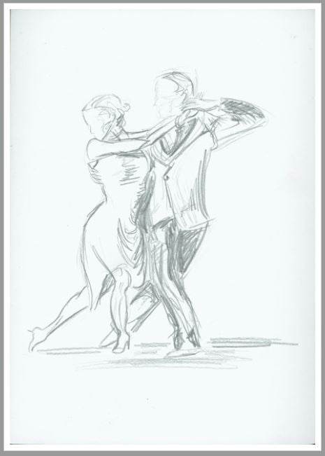 Skizze eines Tangopaares für Corinas A6-Postkarte, ideal für das minimalistische Design einer Geburtstagskarte.